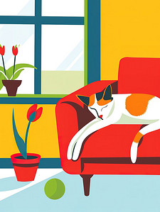 卡通沙发插画图片_睡在沙发上的猫咪卡通插画素材