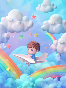 可爱男孩坐在白色的纸飞机上插画海报