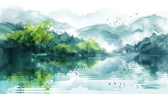 中国风设计插画图片_中国风水彩画湖泊山水插画设计