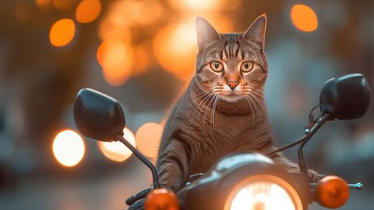 动态摩托车插画图片_骑摩托车的猫冒险插画