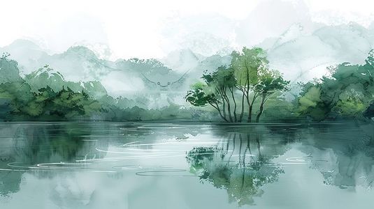 中国风水彩画湖泊山水原创插画