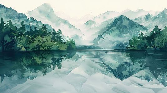 中国风水彩画湖泊山水插画图片