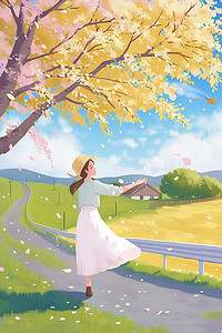 樱桃树插画图片_插画夏季女孩山上唯美海报
