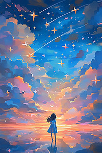 天猫数码海报插画图片_天空唯美星光云朵手绘插画海报