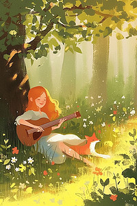 夏季女孩吉他插画深林海报
