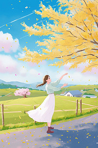 樱桃树插画图片_女孩山上唯美插画夏季海报