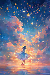 可爱云朵插画图片_手绘唯美天空星光云朵插画海报