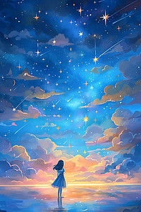 天空星光云朵手绘插画唯美海报
