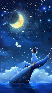 蓝色鲸鱼插画图片_六一儿童节梦幻治愈孩子和鲸鱼插画