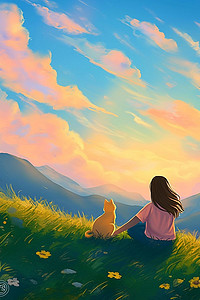 唯美插画夕阳女孩小猫手绘夏季海报