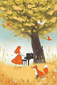风景女孩钢琴手绘唯美插画海报