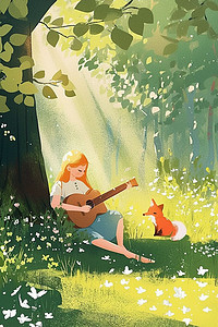 女孩吉他夏季深林插画海报