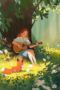 夏季女孩吉他深林插画海报