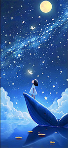 蓝色鲸鱼插画图片_六一儿童节梦幻治愈孩子和鲸鱼插画