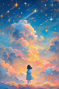 闪烁四角星插画图片_天空星光云朵手绘唯美插画海报