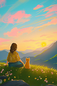 唯美插画夕阳女孩小猫夏季手绘海报