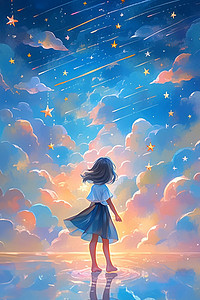 唯美天空星光云朵手绘插画海报