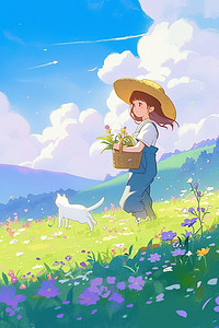 唯美女孩花草植物夏天手绘插画海报