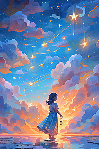 唯美天空星光云朵插画手绘海报