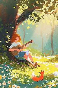 女孩夏季吉他深林插画海报