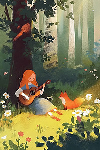 女孩吉他深林夏季插画海报
