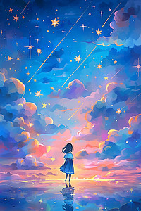 闪烁四角星插画图片_天空星光云朵唯美手绘插画海报
