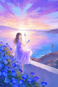 蓝色花朵手绘插画图片_夏季海边夕阳唯美手绘插画