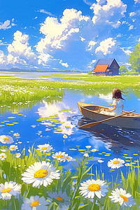 美湖插画图片_海边雏菊唯美手绘海报夏季插图