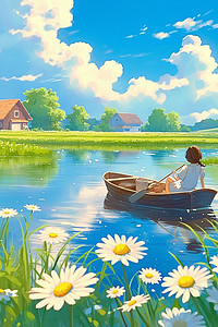 美湖插画图片_海边雏菊唯美夏季手绘海报插画素材