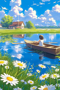湖唯美插画图片_唯美夏季海边雏菊手绘海报插图