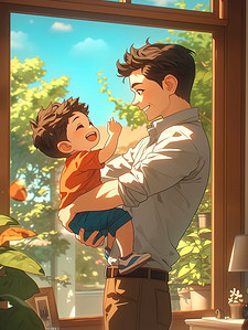 中年男人抱着他的孩子插画海报