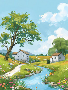 夏天小河两岸的乡村景色插画设计