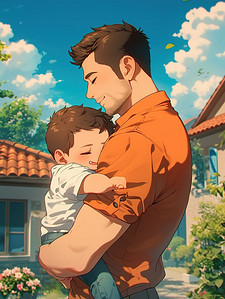 中年男人抱着他的孩子插画设计