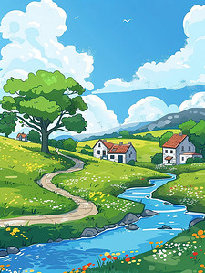 夏天小河两岸的乡村景色插画设计