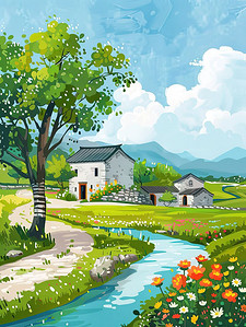 夏天小河两岸的乡村景色插画海报