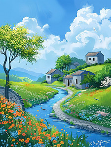 夏天小河两岸的乡村景色插画素材