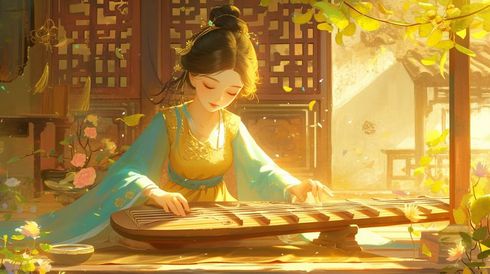 彩色意境手绘中国风弹古筝的女孩插画