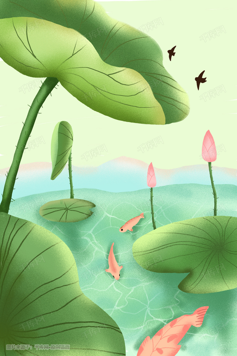 初夏池塘鲤鱼风景图插画图片_千库网(插画id:1088)