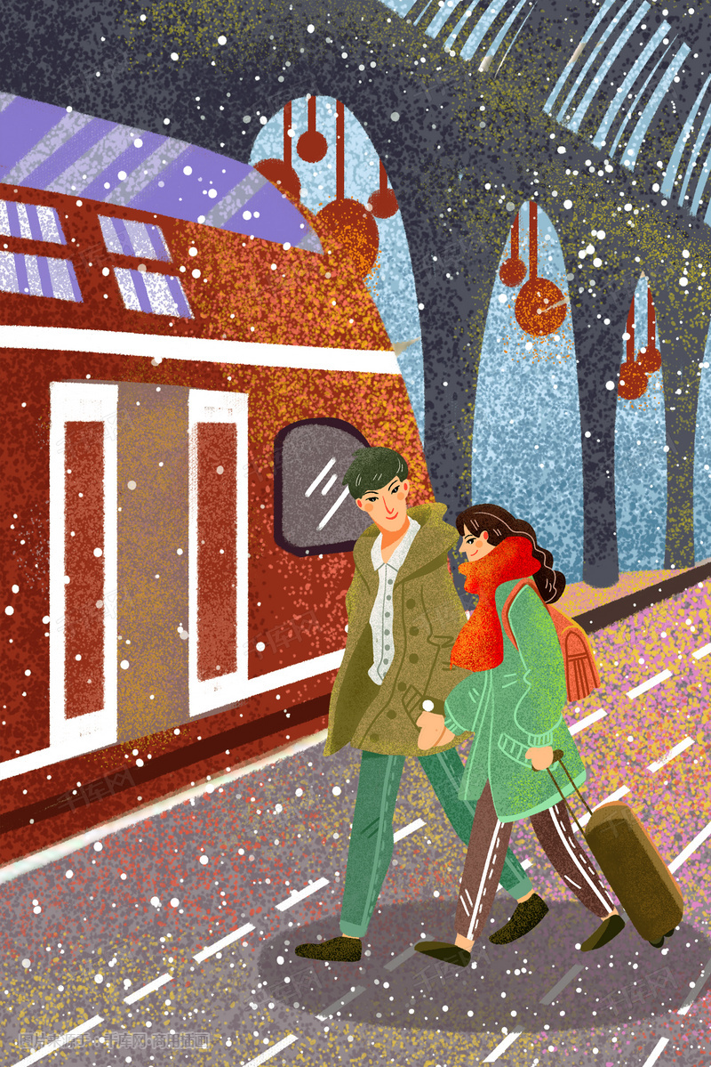 新年春节过年回家夫妻坐火车回家插画
