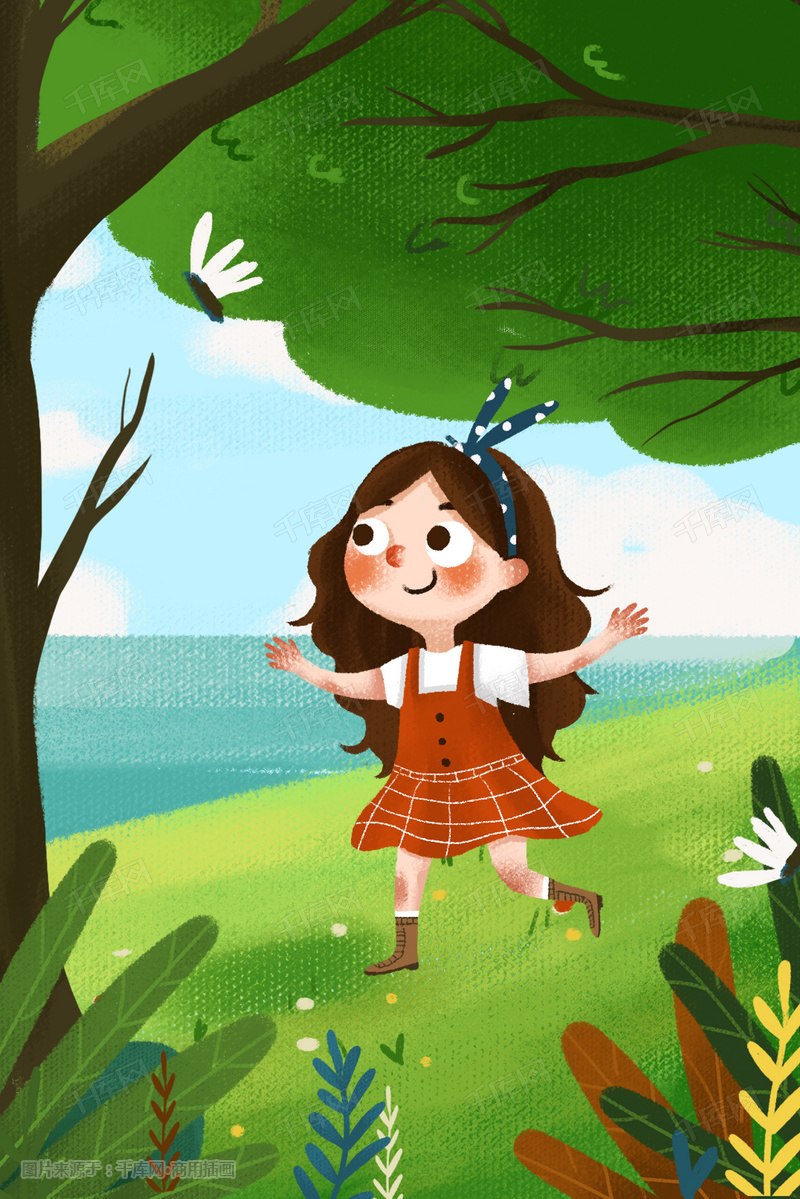 春天野外女孩散步跑步小清新户外插画图片_千库网(插画id:26675)