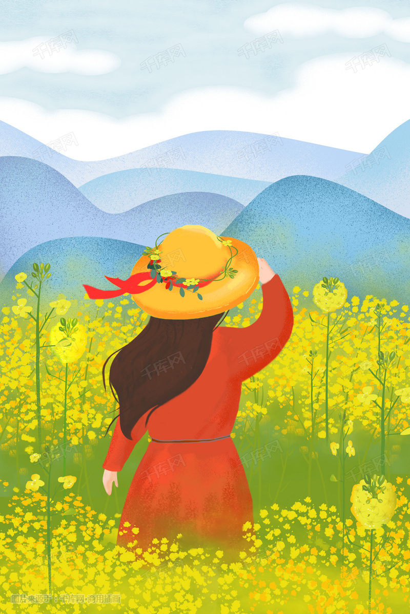 春天小清新女孩游玩小清新插画风景插画