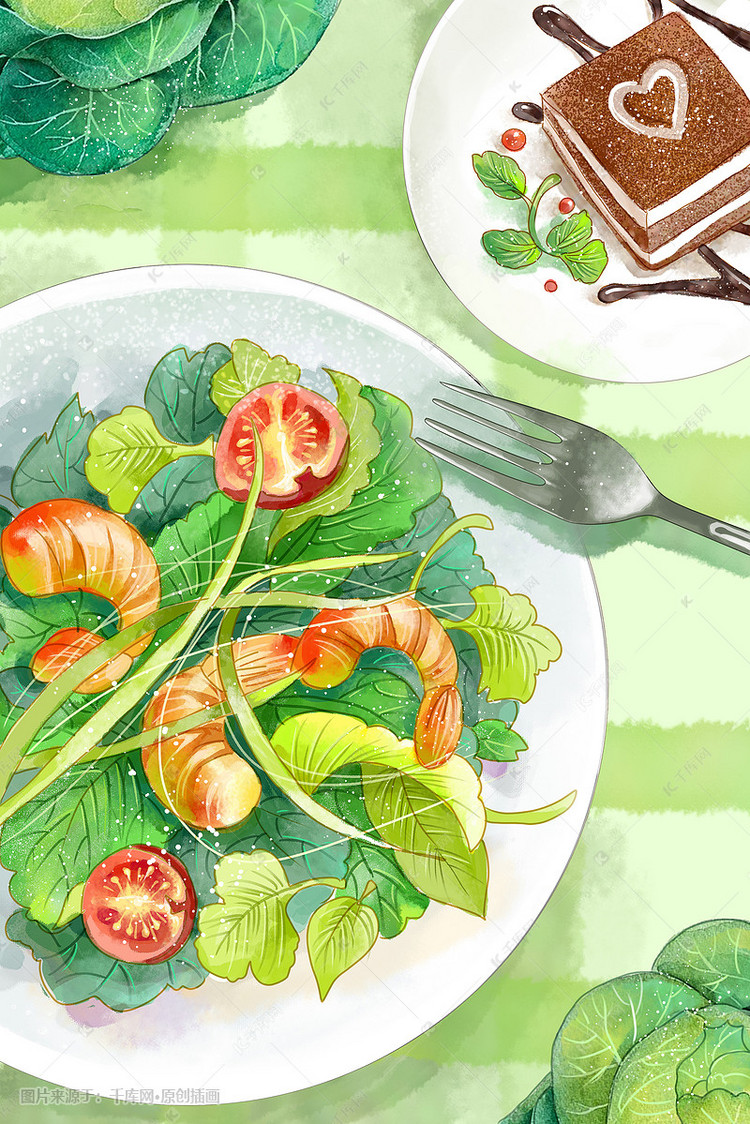 手绘水彩诱人美味沙拉