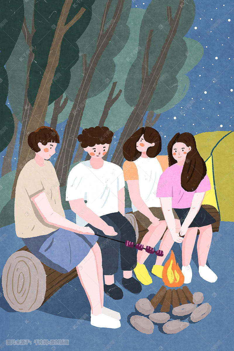 友谊插画和朋友露营海报背景