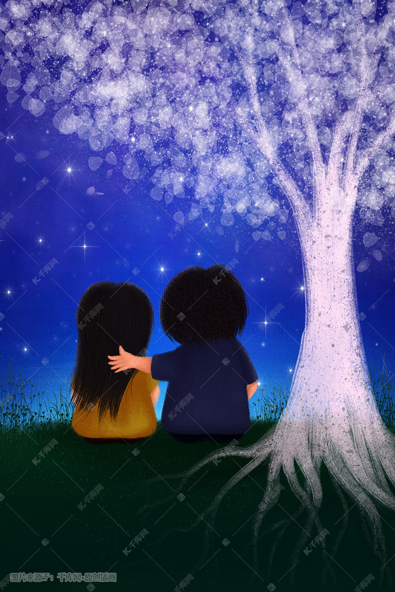 手绘插画星空下的情侣