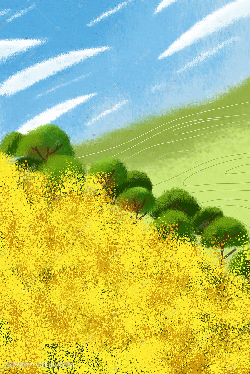 春日风景浪漫油菜花海插画图片-千库网