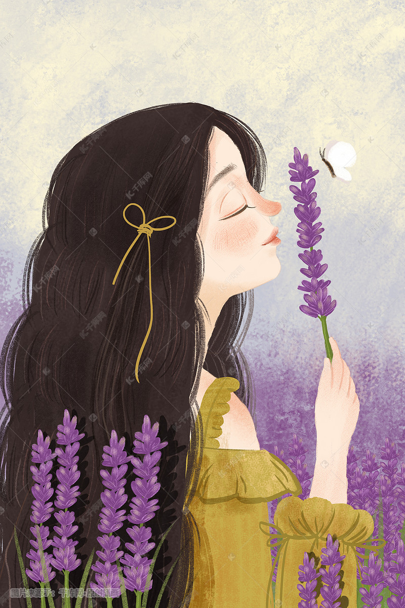 紫色薰衣草花丛中少女特写插画图片-千库网