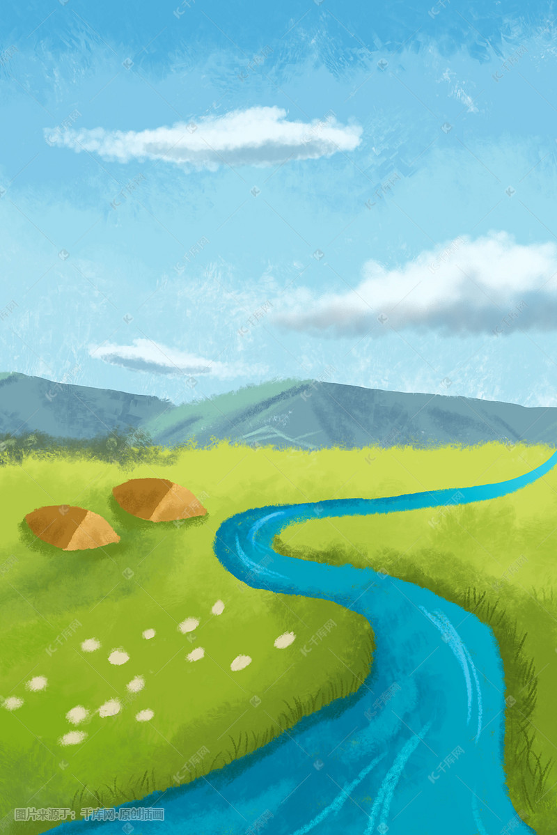 油画蓝天白云草原牧羊