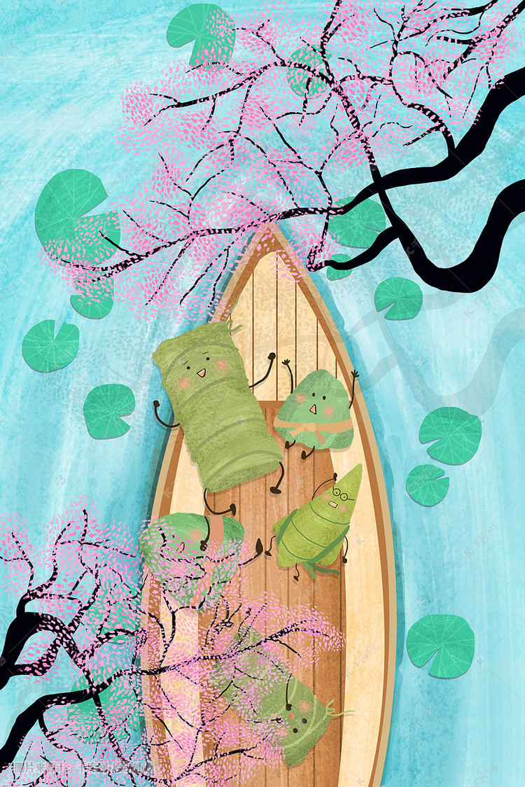 千库插画频道为端午节粽子一家荷花池郊游插画设计插图提供免费下载