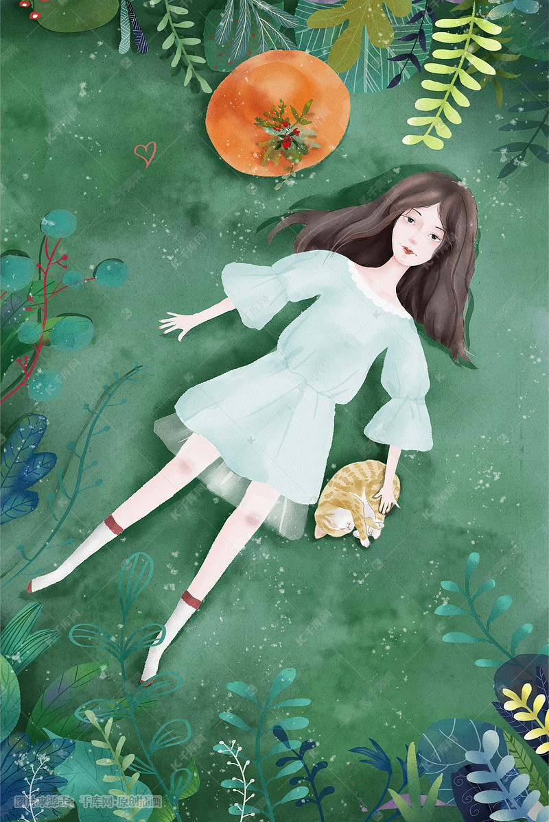 躺在草地上的女孩和她的宠物插画图片-千库网