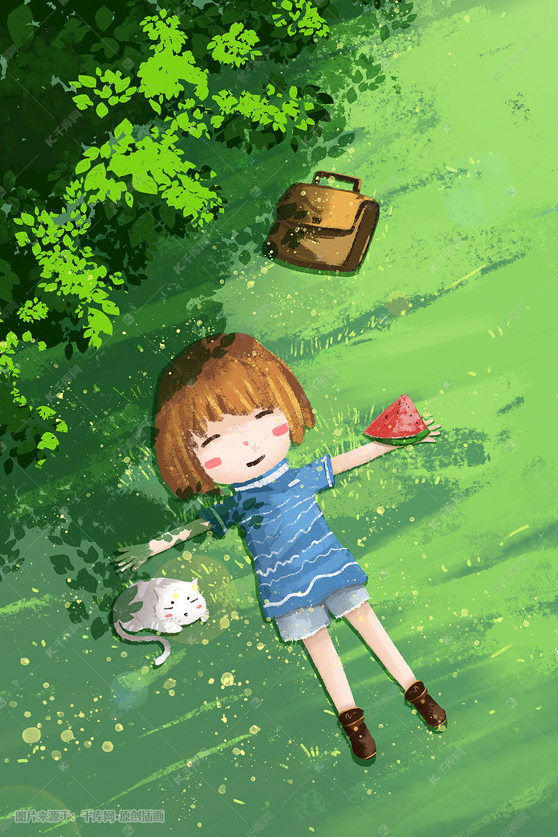 立夏树下草地上午睡插画图片-千库网